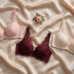 Lace bras in blush pink, burgundy and cream