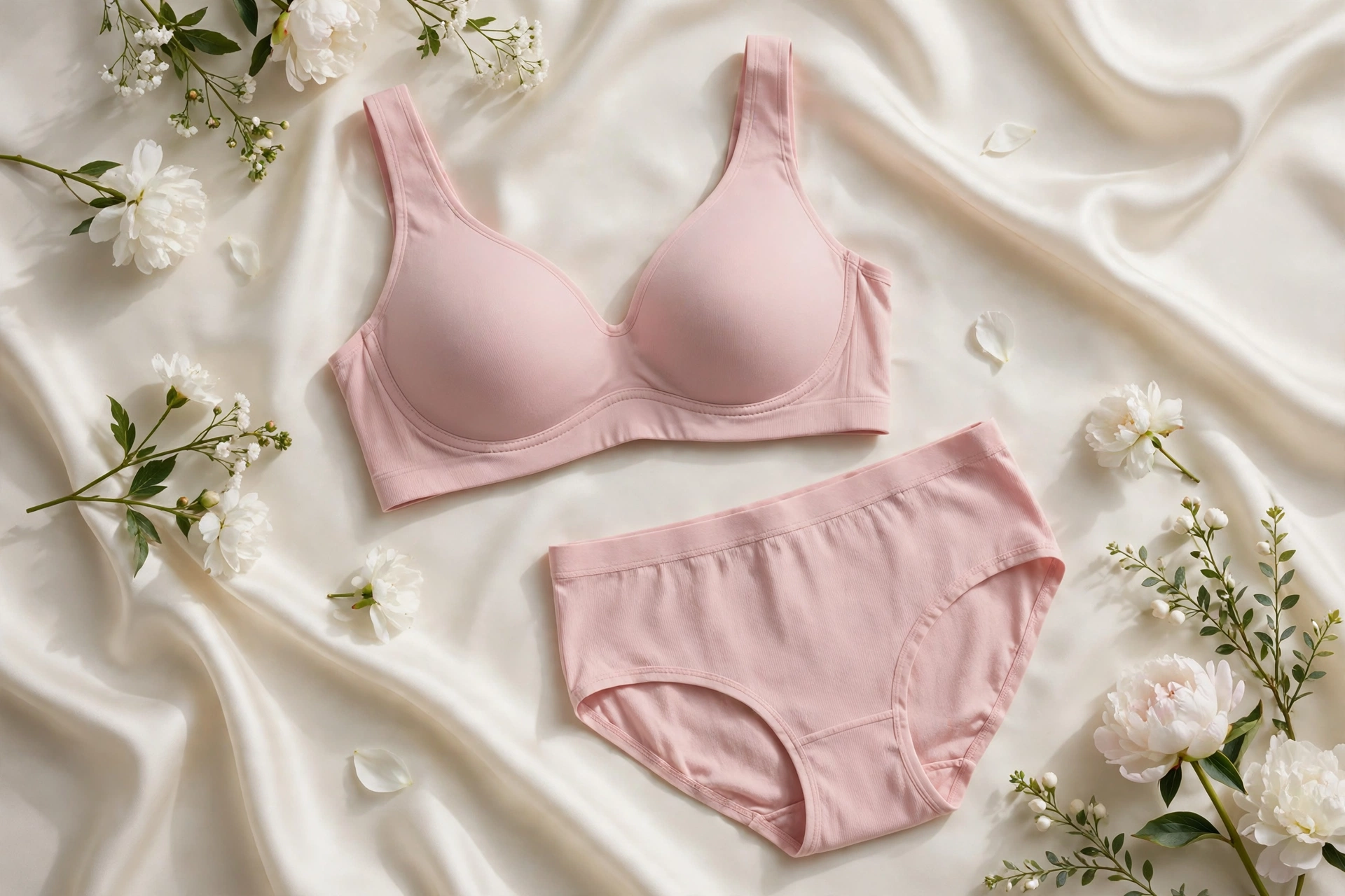 Soft pink maternity bra and briefs flat lay