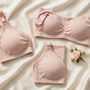 Soft pink nursing bras flat lay