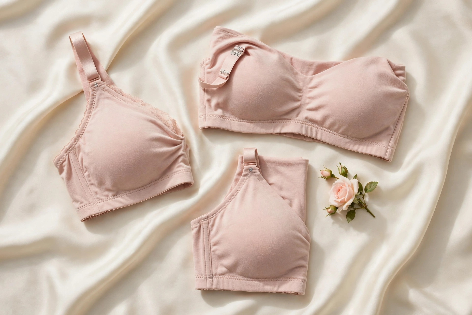 Soft pink nursing bras flat lay