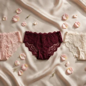 Lace panties in blush pink, burgundy and cream